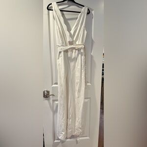 Anthropologie White Jumpsuit with Tie Waist and Wide-Leg Design